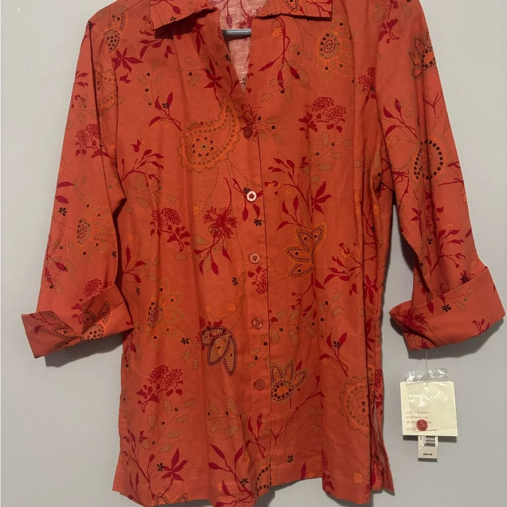 Coldwater Creek Red Floral Button-Down Shirt - Picture 3 of 4